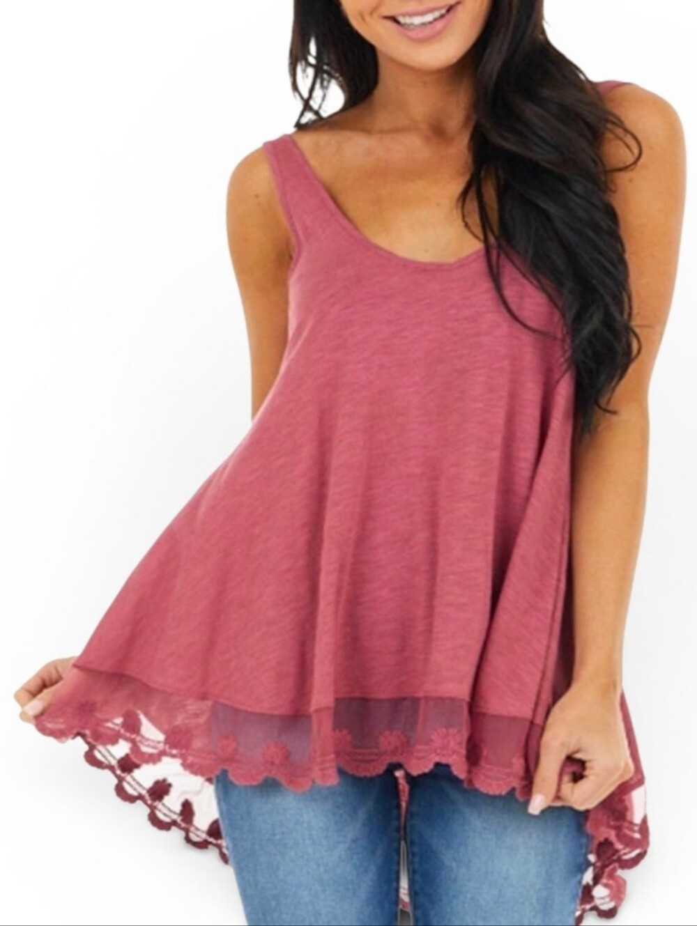 ANGIE Dusty Rose Lace Trim Flowy Tank Top - Small